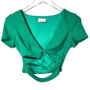 Showpo. x Anthropologie Mila Deep VNeck Criss Cross Ribbed Crop Top in Green